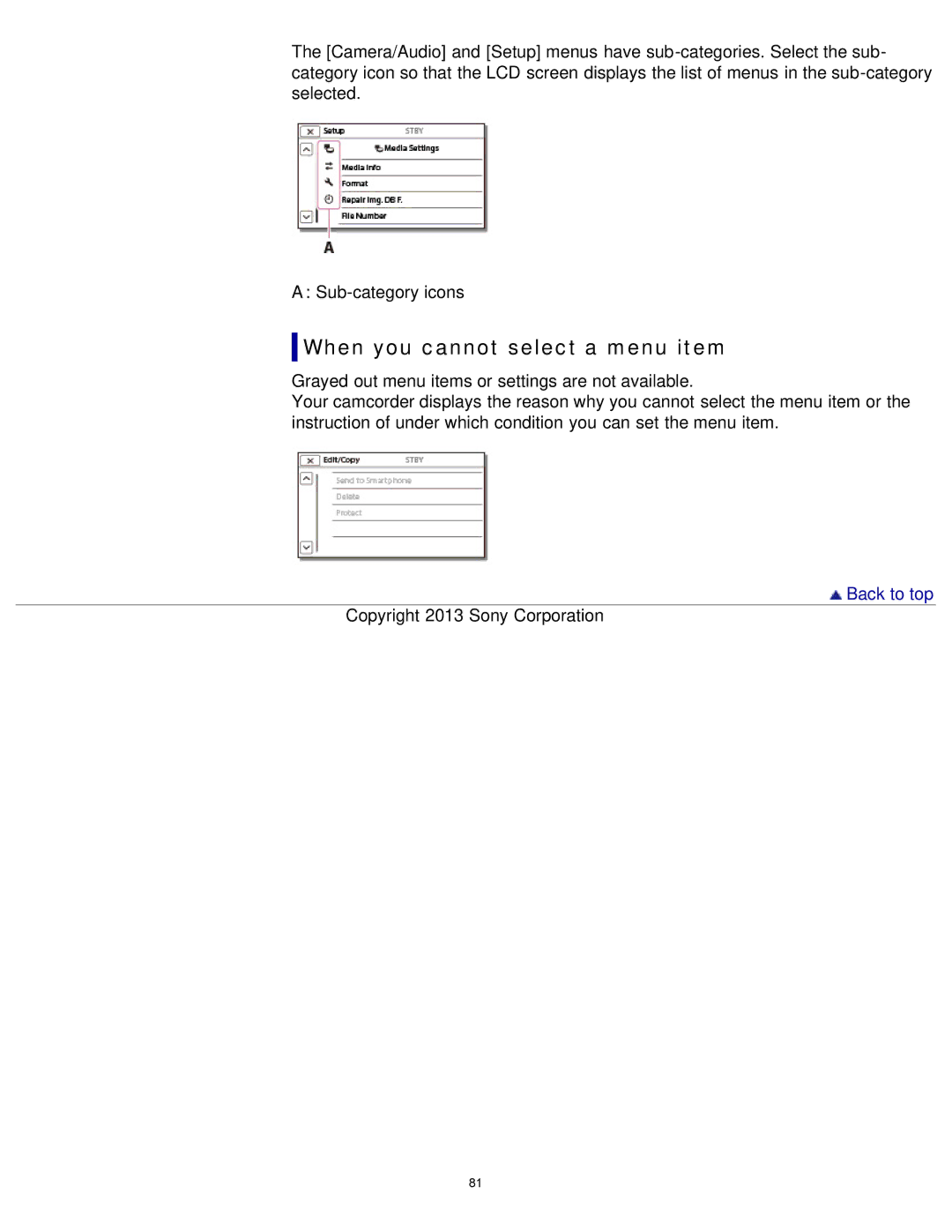 Sony HDR-MV1 manual When you cannot select a menu item 