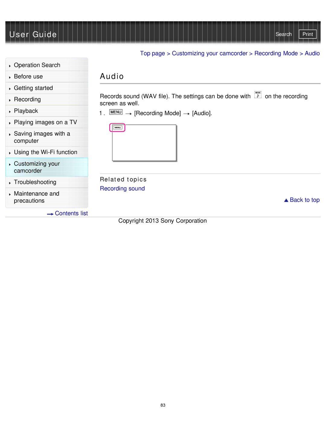 Sony HDR-MV1 manual Audio, Related topics 