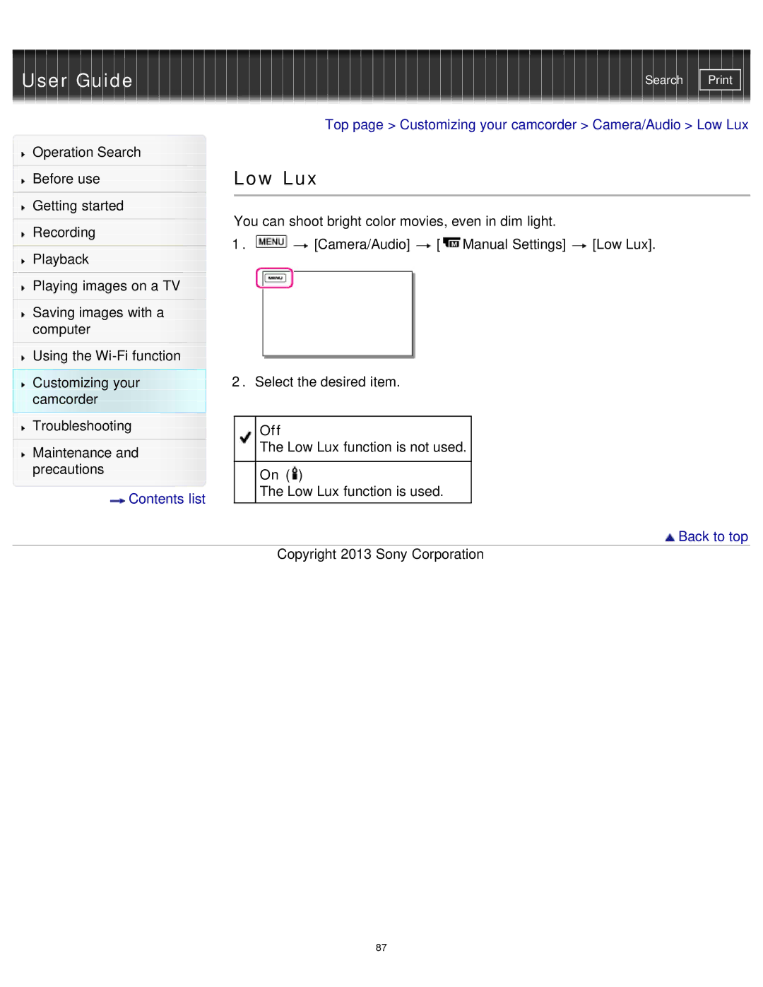 Sony HDR-MV1 manual Low Lux, Off 