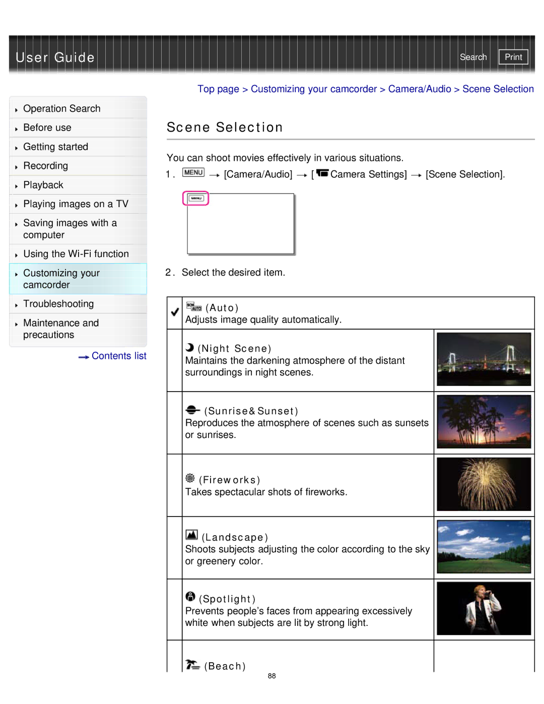 Sony HDR-MV1 manual Scene Selection 