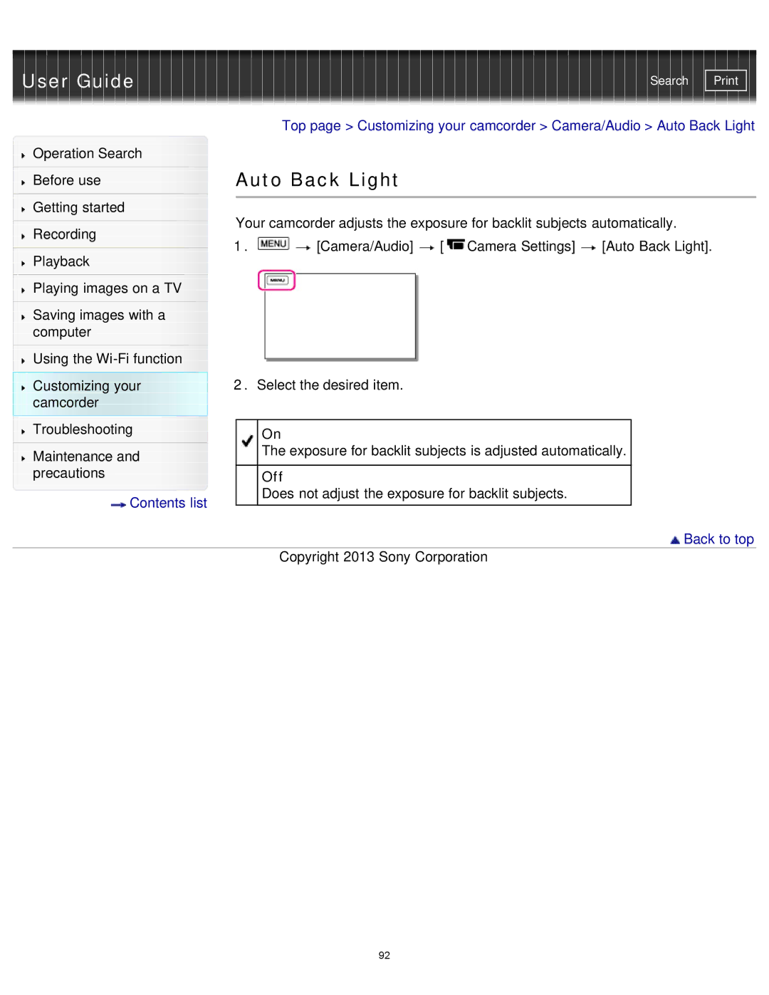 Sony HDR-MV1 manual Auto Back Light 