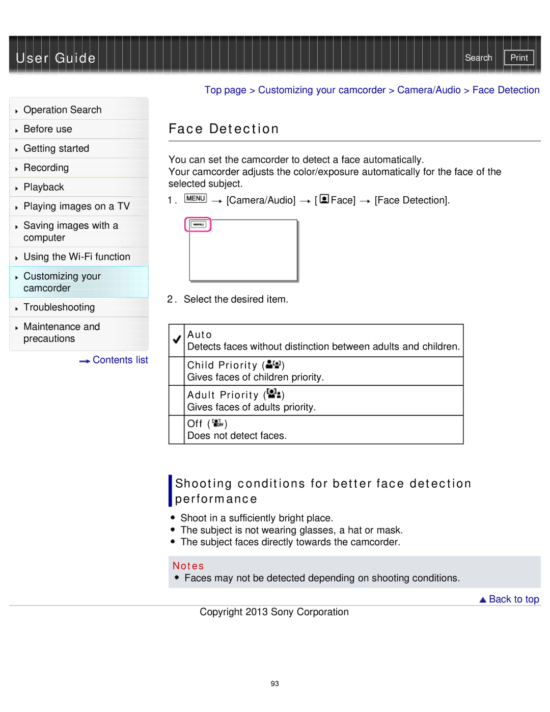 Sony HDR-MV1 Face Detection, Shooting conditions for better face detection performance, Child Priority, Adult Priority 