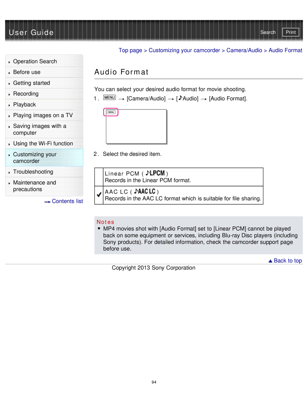 Sony HDR-MV1 manual Audio Format, Linear PCM, Aac Lc 