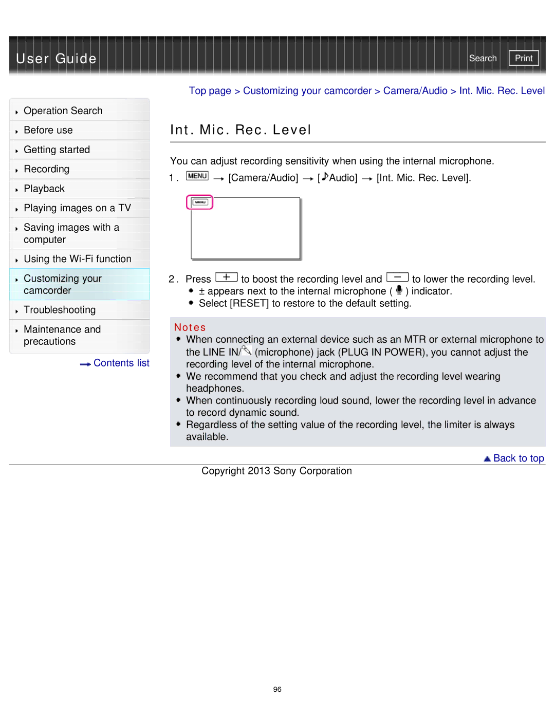 Sony HDR-MV1 manual Int. Mic. Rec. Level 