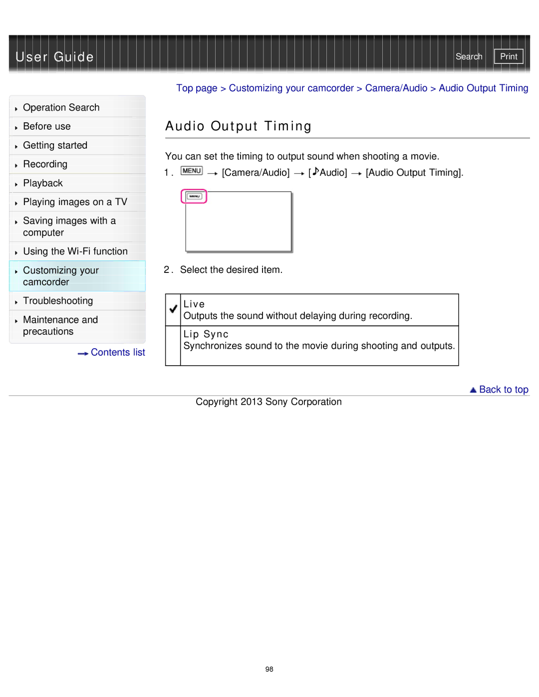 Sony HDR-MV1 manual Audio Output Timing, Live, Lip Sync 