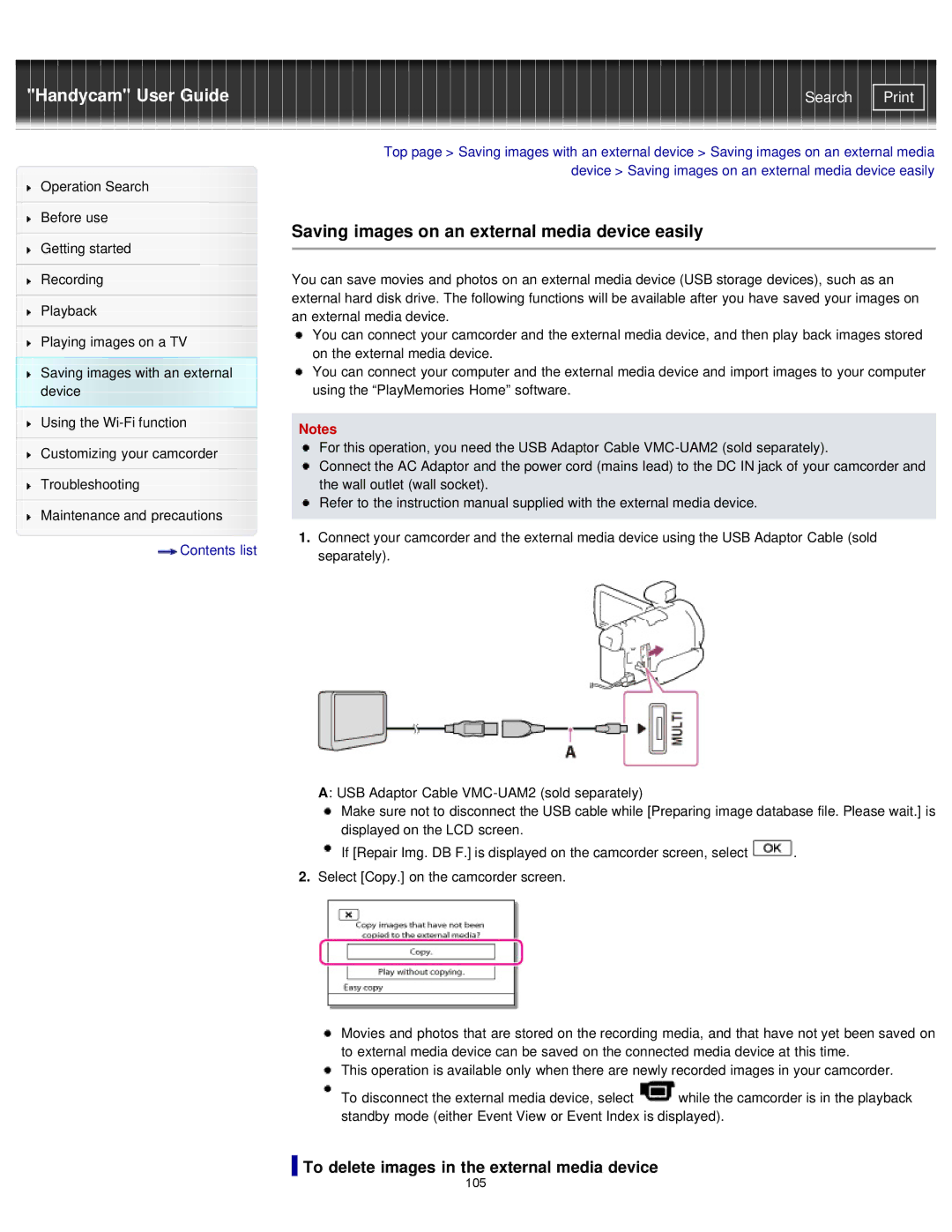 Sony PJ790, HDR-PJ780E Saving images on an external media device easily, To delete images in the external media device 