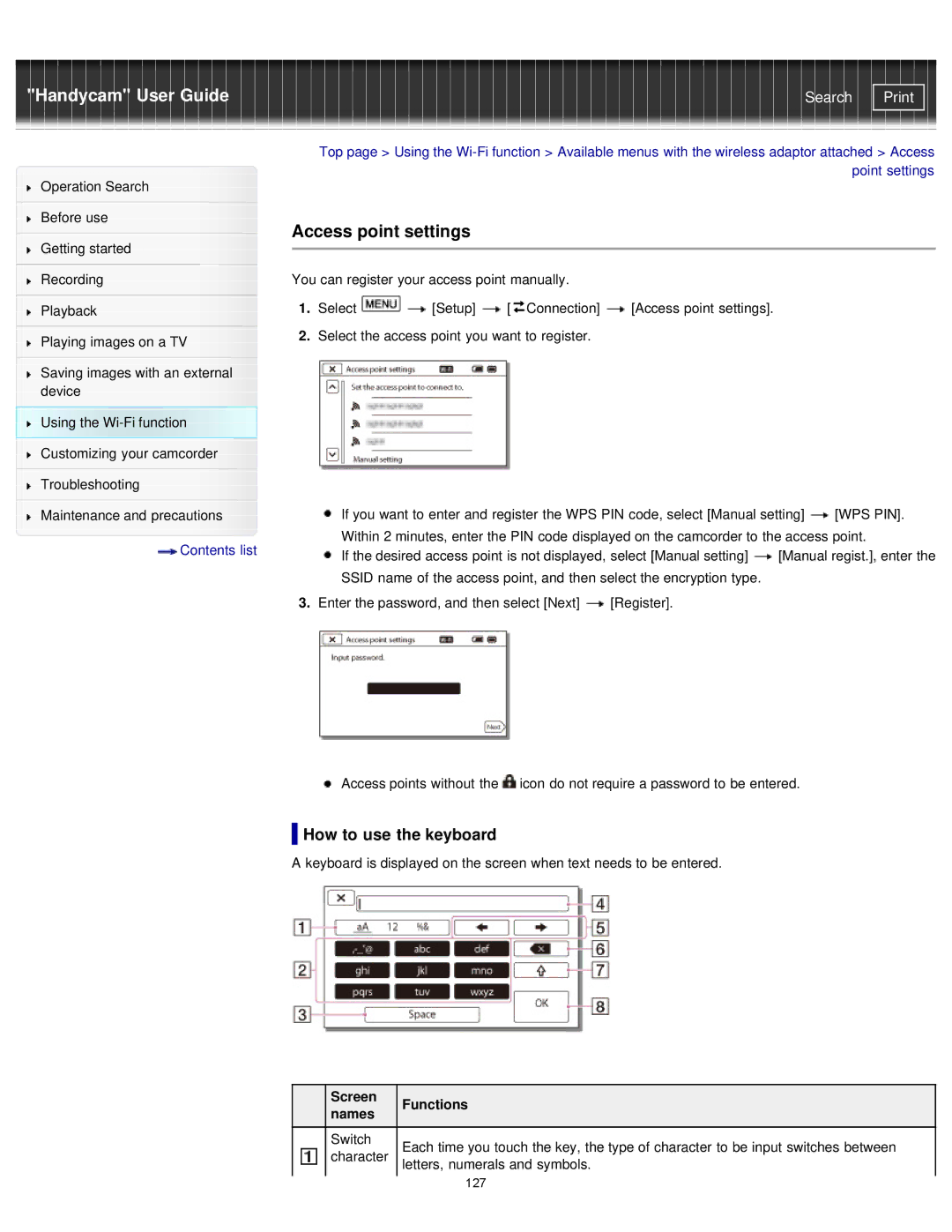 Sony PJ780VE, HDR-PJ780E, PJ790VE, PJ790E manual Access point settings, How to use the keyboard, Screen Functions Names 