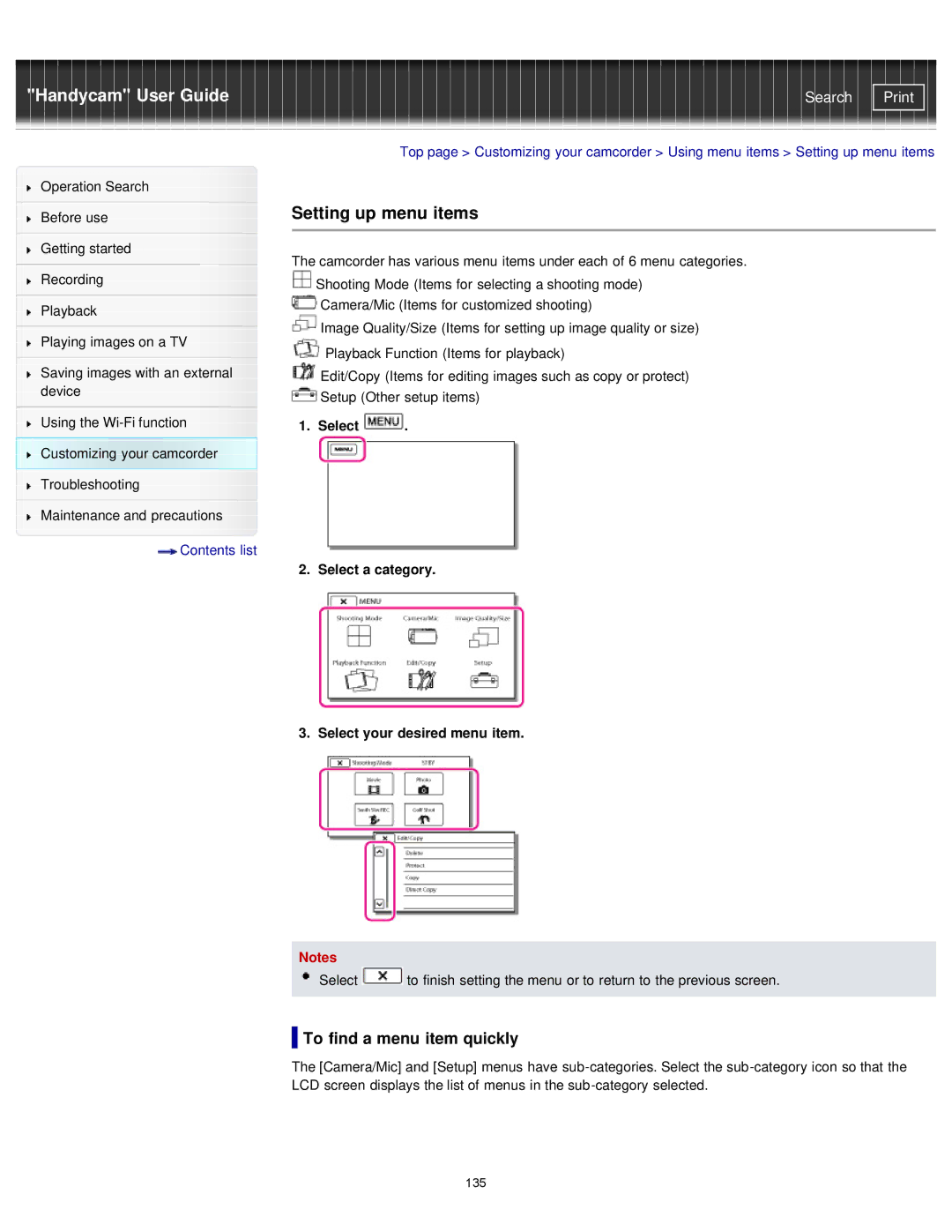 Sony PJ790 Setting up menu items, To find a menu item quickly, Select Select a category Select your desired menu item 