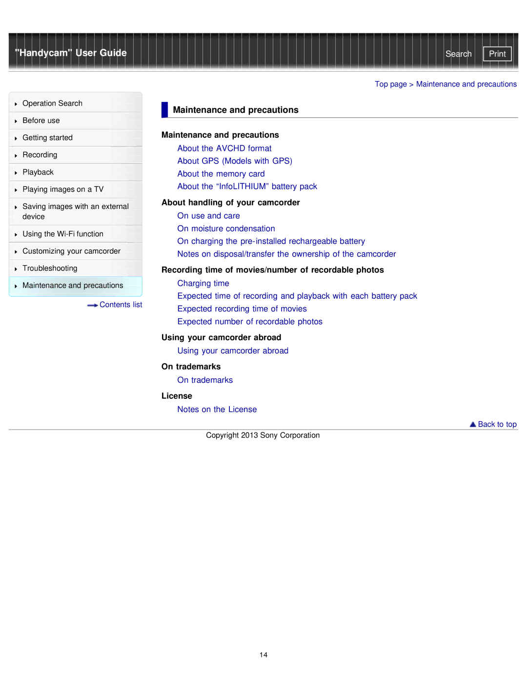 Sony HDR-PJ780E, PJ780VE, PJ790VE, PJ790E manual Maintenance and precautions 