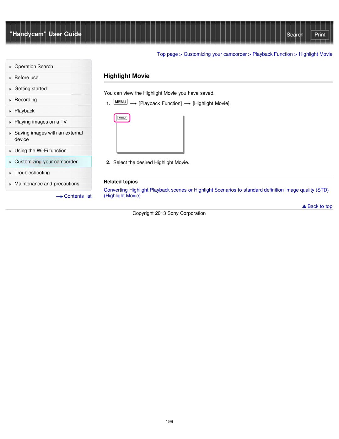 Sony PJ780VE, HDR-PJ780E, PJ790VE, PJ790E manual Highlight Movie, Related topics 