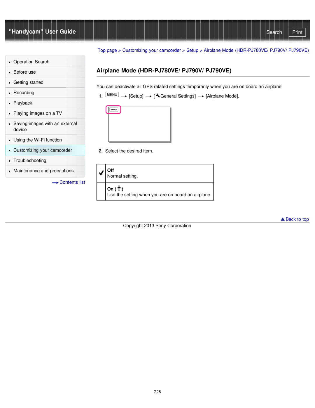 Sony HDR-PJ780E, PJ790E manual Airplane Mode HDR-PJ780VE/ PJ790V/ PJ790VE, Off 