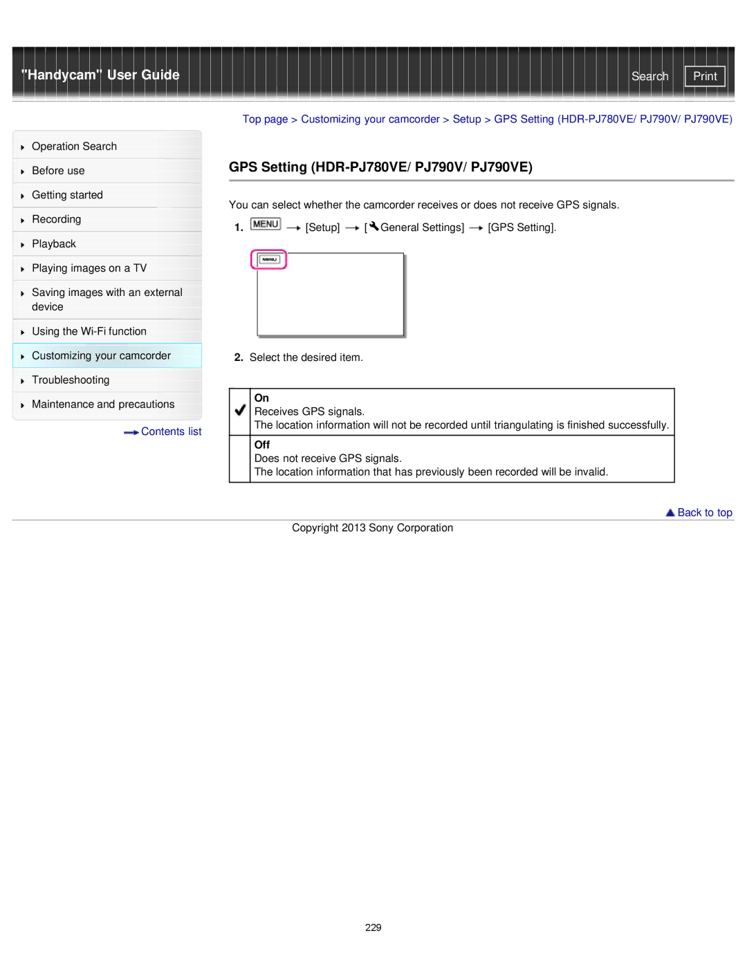 Sony HDR-PJ780E, PJ790E manual GPS Setting HDR-PJ780VE/ PJ790V/ PJ790VE 