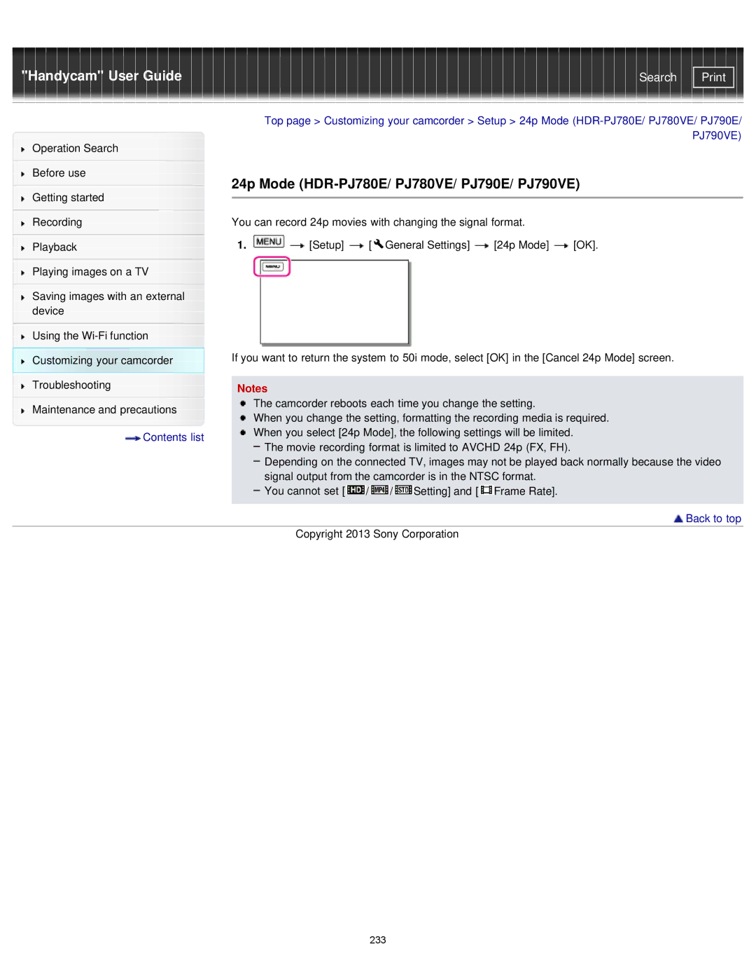 Sony manual 24p Mode HDR-PJ780E/ PJ780VE/ PJ790E/ PJ790VE 