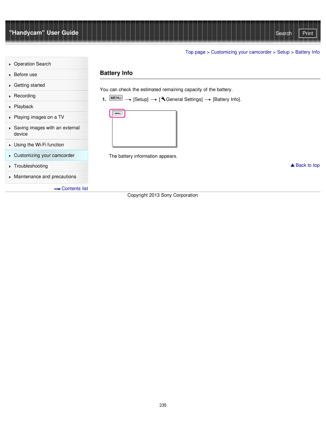 Sony PJ780VE, HDR-PJ780E, PJ790VE, PJ790E manual Battery Info 