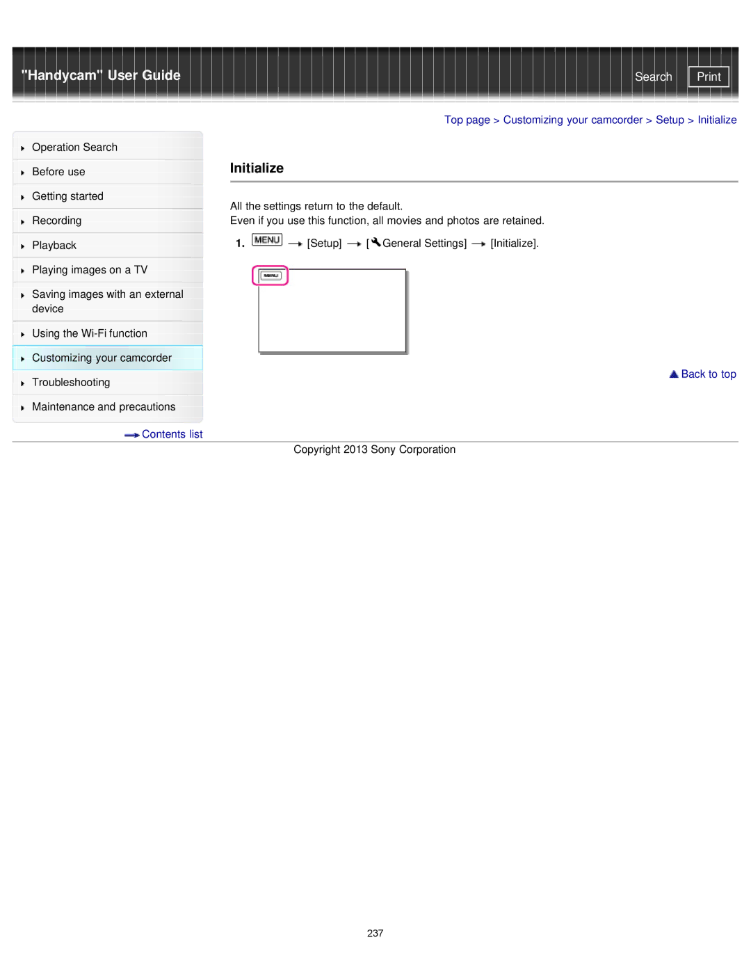 Sony HDR-PJ780E, PJ780VE, PJ790VE, PJ790E manual Initialize 