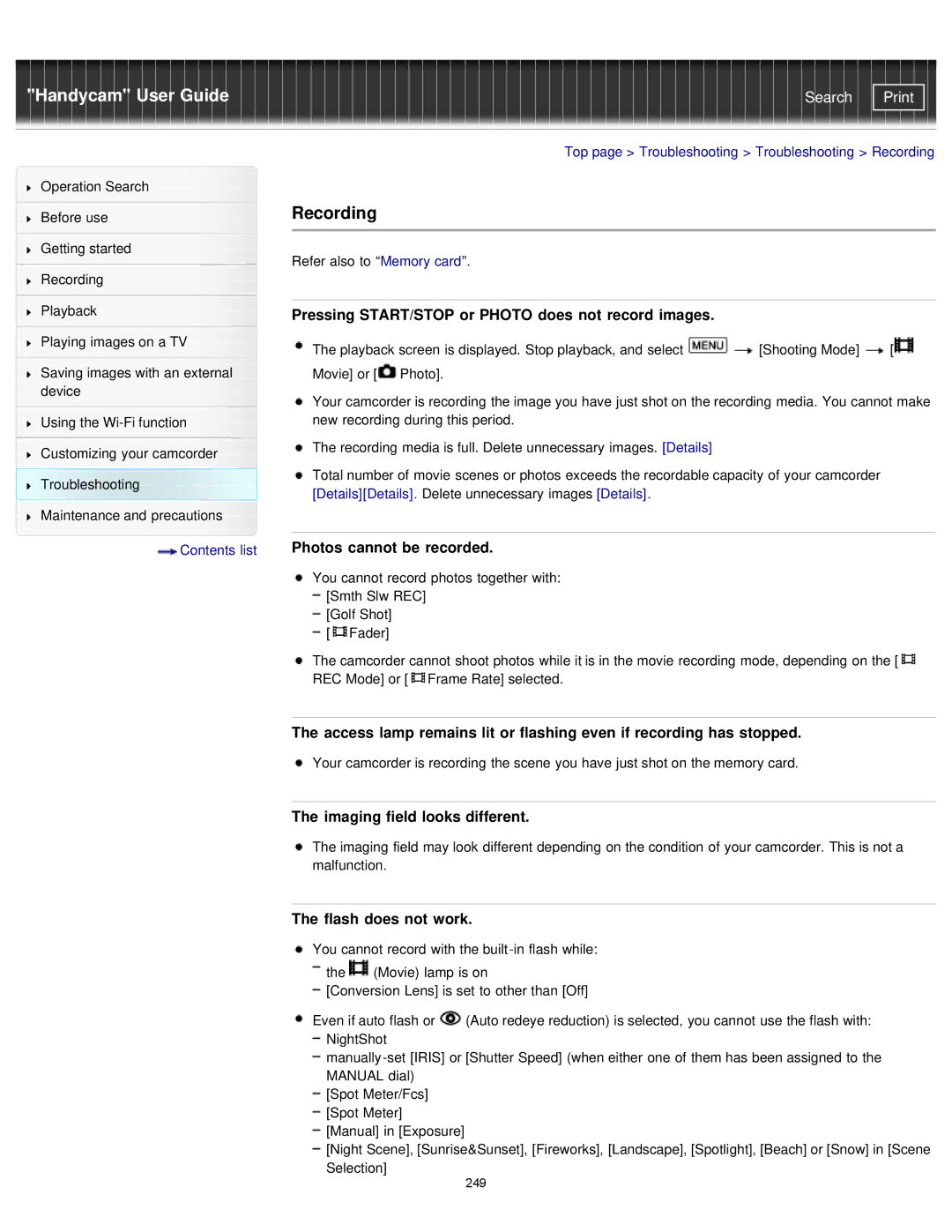 Sony PJ790 Recording, Pressing START/STOP or Photo does not record images, Photos cannot be recorded, Flash does not work 