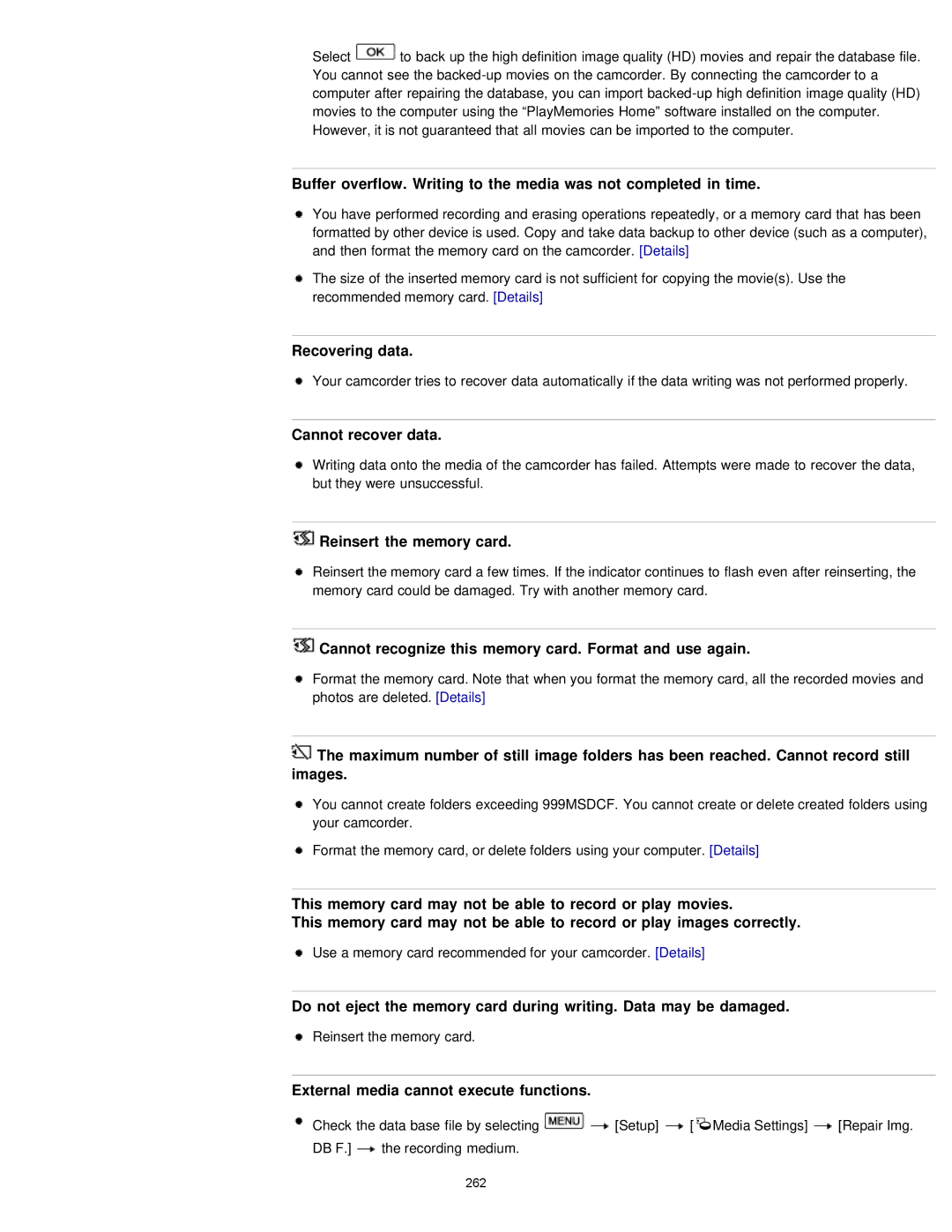 Sony PJ790VE manual Recovering data, Cannot recover data, Reinsert the memory card, External media cannot execute functions 