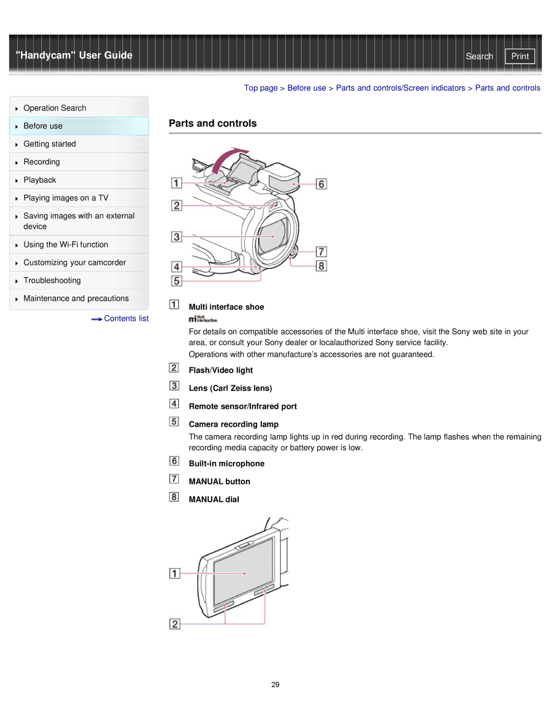 Sony PJ790E, HDR-PJ780E, PJ780VE Parts and controls, Multi interface shoe, Built-in microphone Manual button Manual dial 