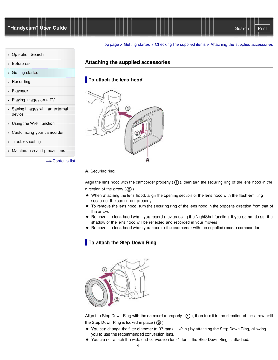 Sony PJ790E, HDR-PJ780E, PJ780VE Attaching the supplied accessories, To attach the lens hood, To attach the Step Down Ring 