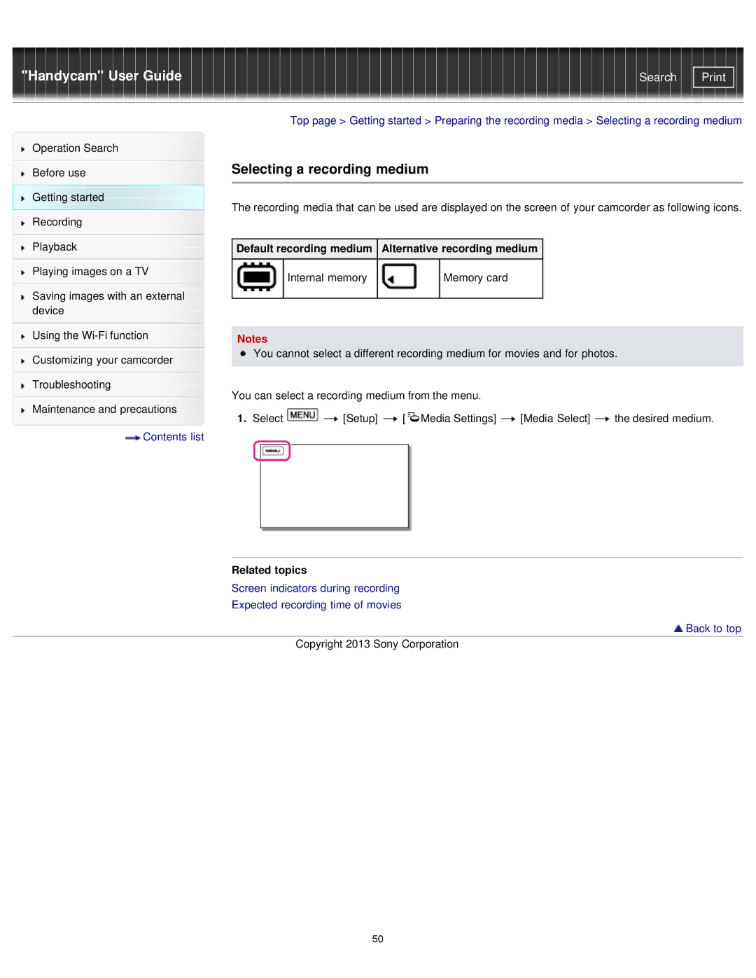 Sony PJ790V, HDR-PJ780E, PJ780VE, PJ790E Selecting a recording medium, Default recording medium Alternative recording medium 