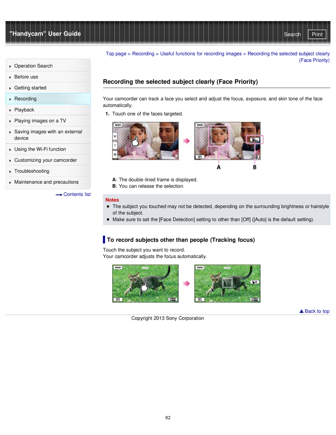 Sony PJ790V Recording the selected subject clearly Face Priority, To record subjects other than people Tracking focus 