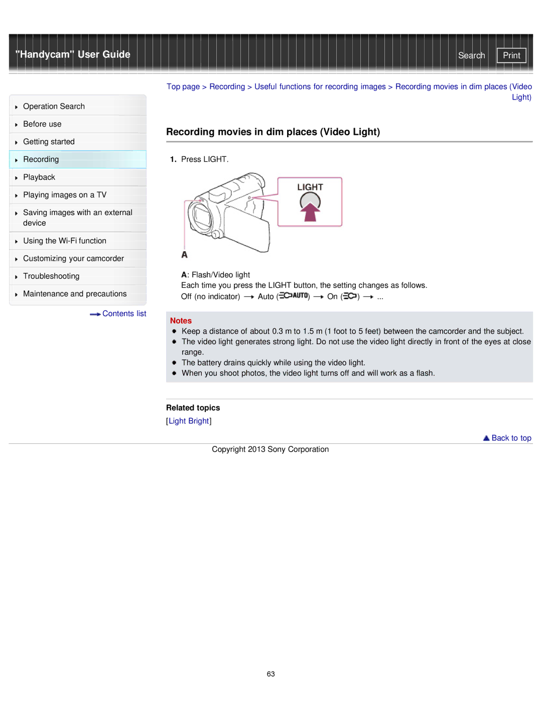 Sony HDR-PJ780E, PJ780VE, PJ790VE, PJ790E manual Recording movies in dim places Video Light 