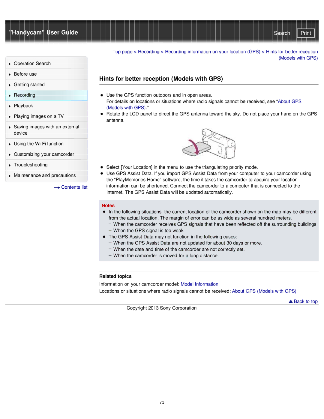 Sony PJ780VE, HDR-PJ780E, PJ790VE, PJ790E manual Hints for better reception Models with GPS 