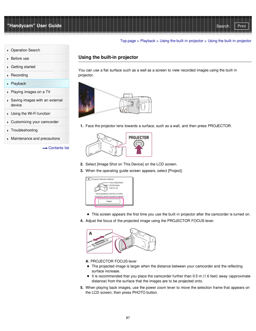 Sony HDR-PJ780E, PJ780VE, PJ790VE, PJ790E manual Using the built-in projector 