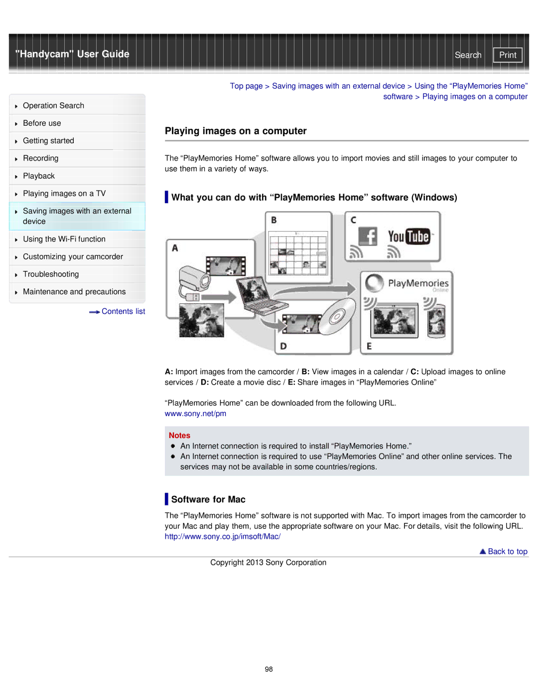 Sony PJ790V manual Playing images on a computer, What you can do with PlayMemories Home software Windows, Software for Mac 