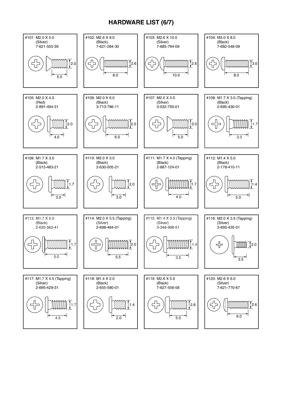 Sony HDR-SR11E, HDR-SR12E service manual Hardware List 6/7, #115 M1.4 X 3.5 Tapping Silver 348-998-51 