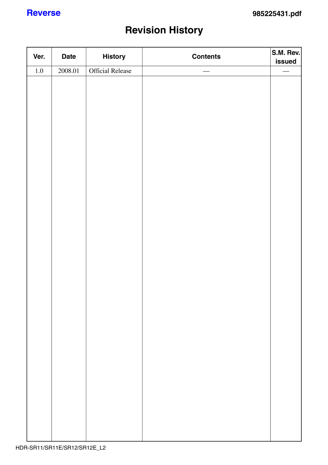 Sony HDR-SR12E, HDR-SR11E service manual Revision History 