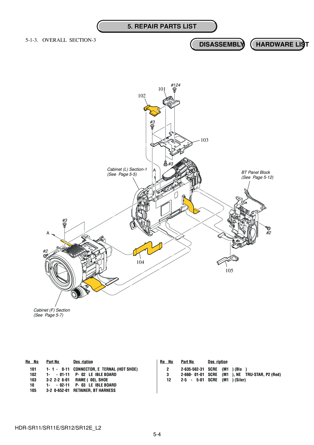 Sony HDR-SR11E, HDR-SR12E service manual 101 102 103, 104 105, 101 1-818-890-11 CONNECTOR, External HOT Shoe 