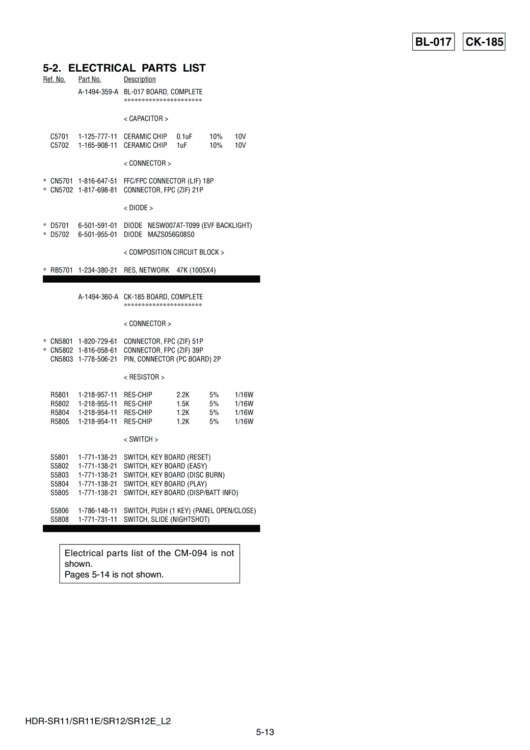 Sony HDR-SR11E, HDR-SR12E service manual Electrical Parts List 