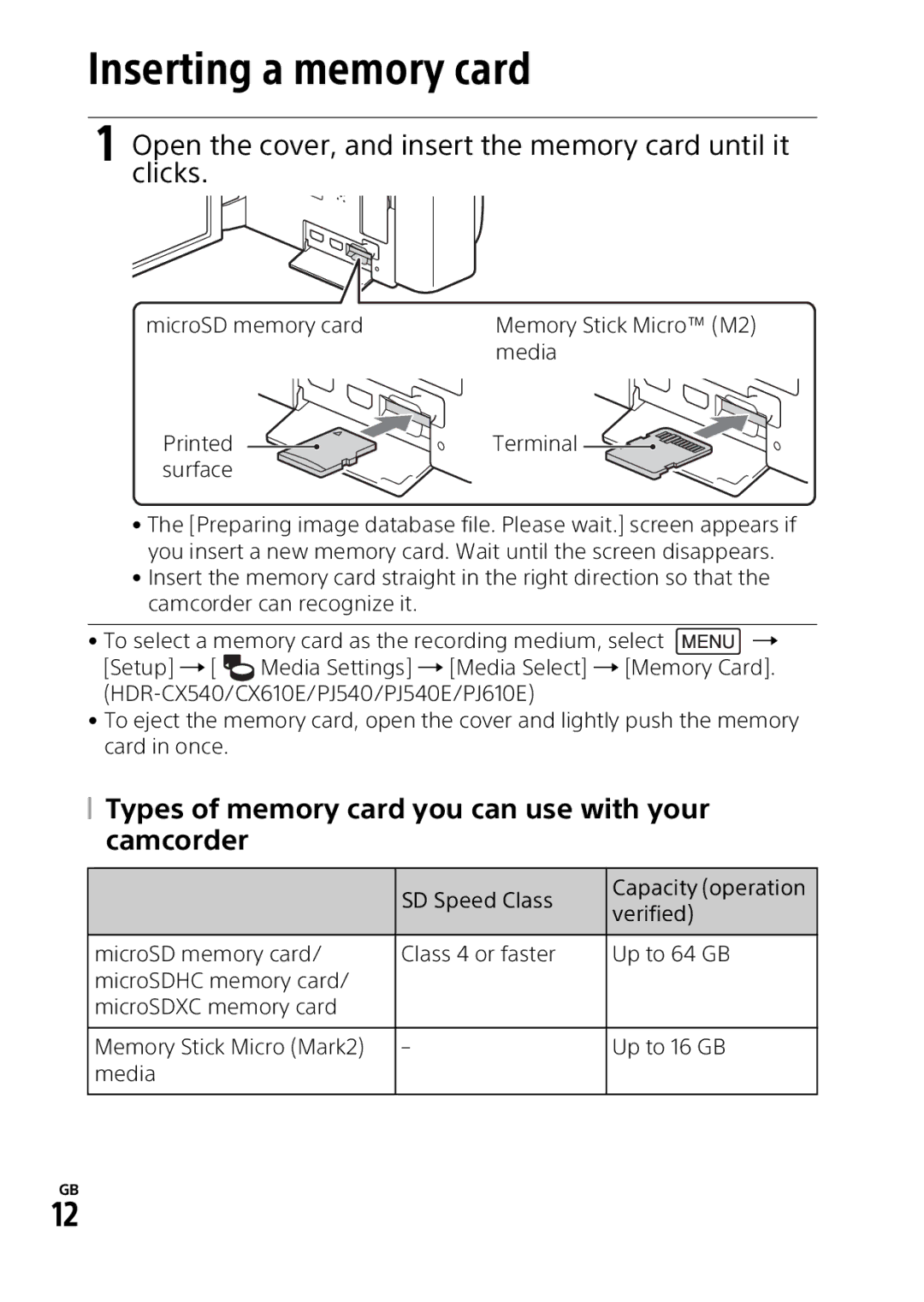 Sony HDRPJ540B manual Inserting a memory card, Open the cover, and insert the memory card until it clicks 