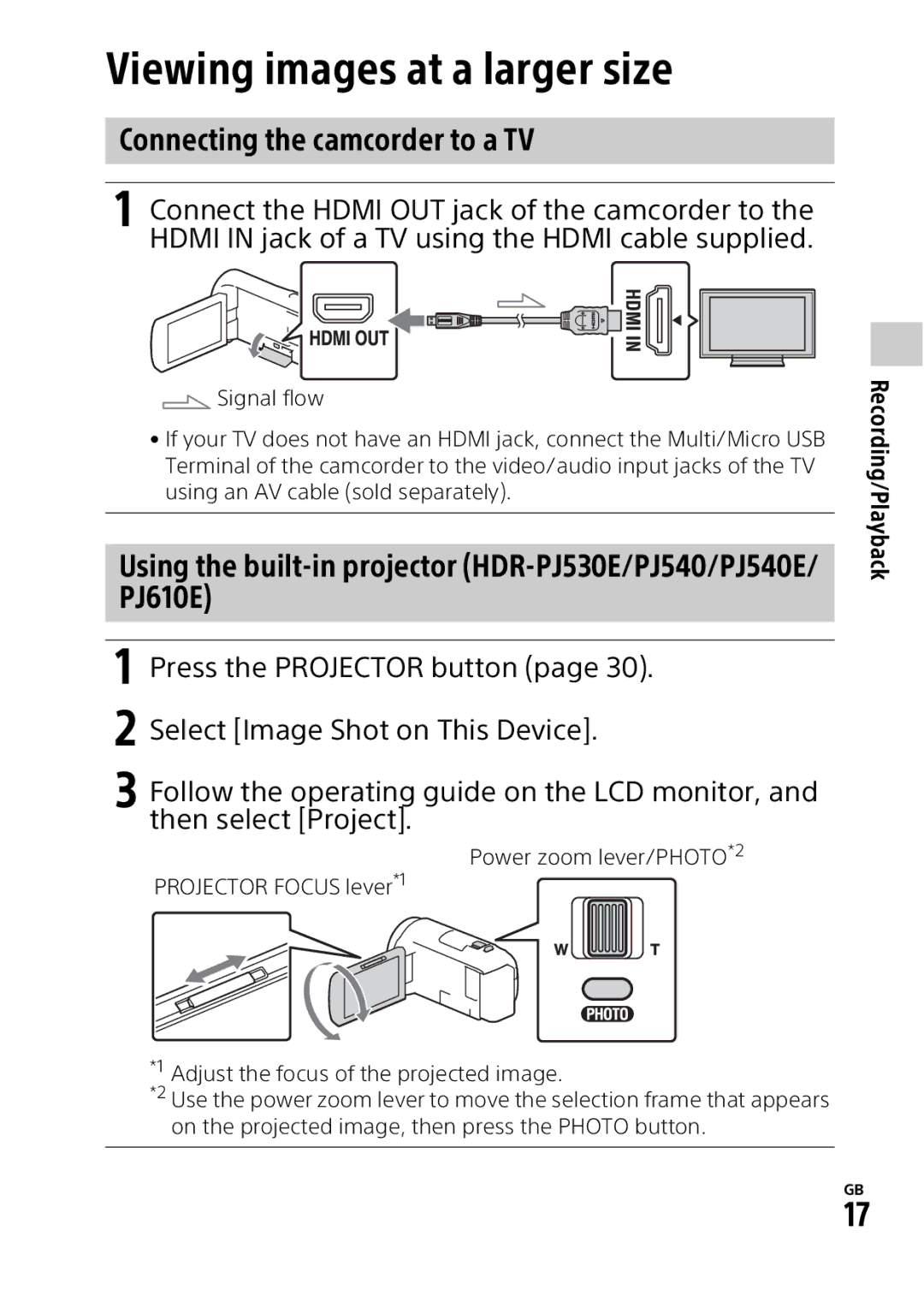 Sony HDRPJ540B manual Viewing images at a larger size, Connecting the camcorder to a TV 