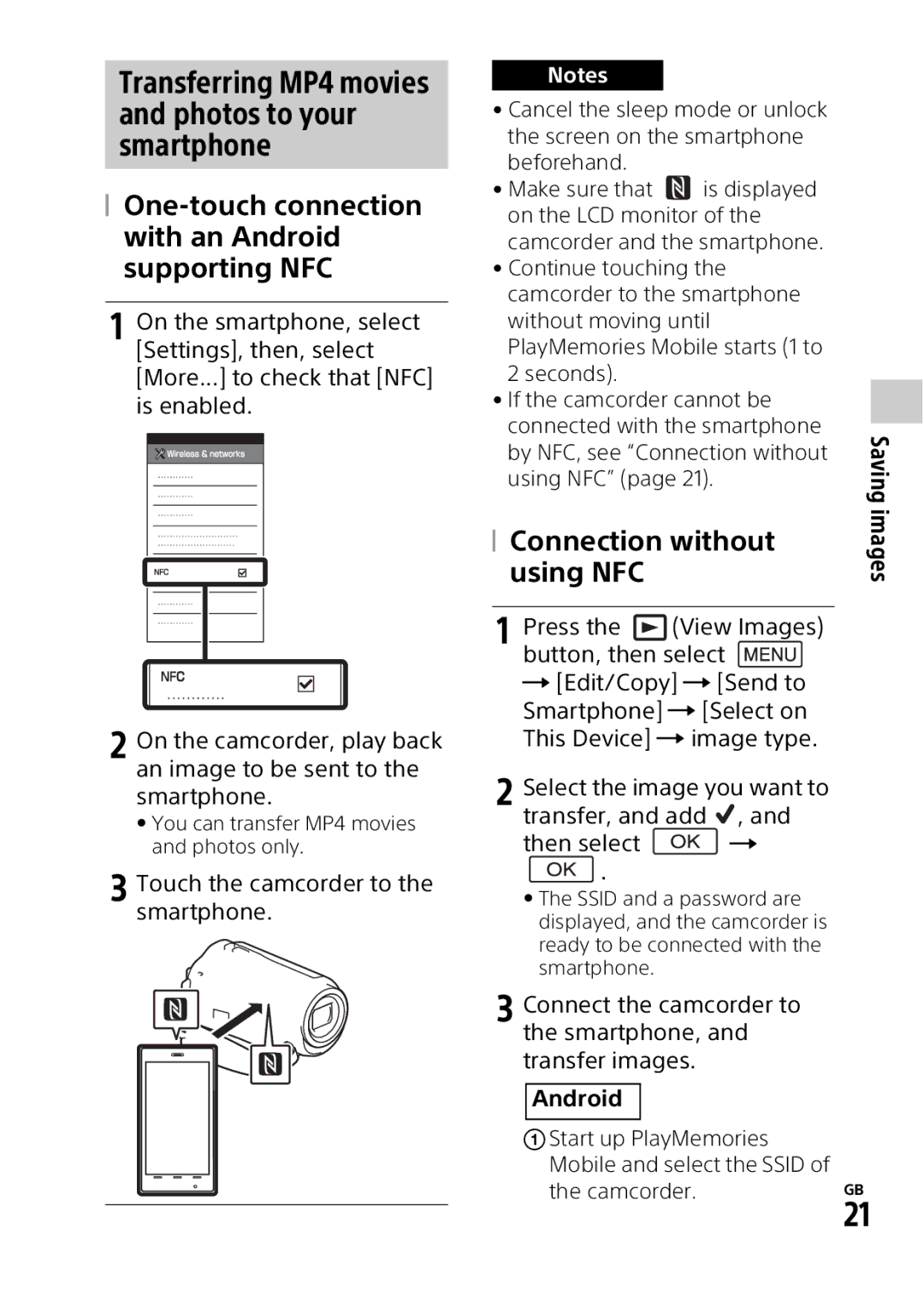 Sony HDRPJ540B manual Transferring MP4 movies and photos to your smartphone, Using NFC, Connection without, Android 