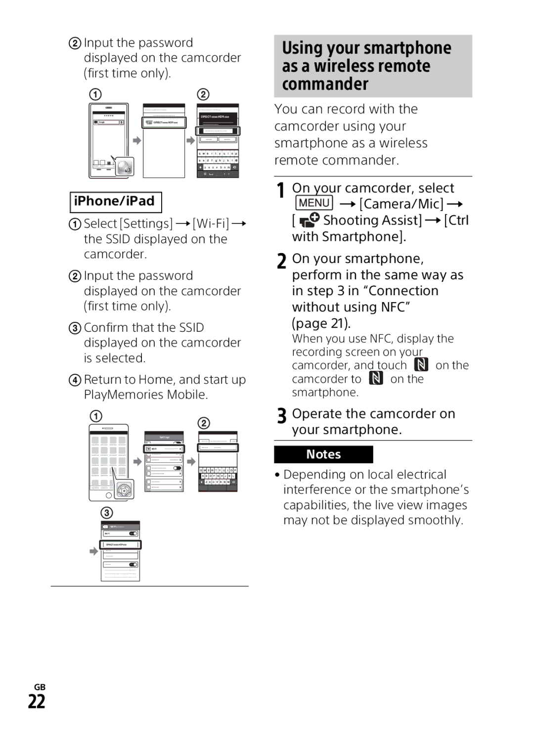 Sony HDRPJ540B Using your smartphone as a wireless remote commander, IPhone/iPad, Operate the camcorder on your smartphone 