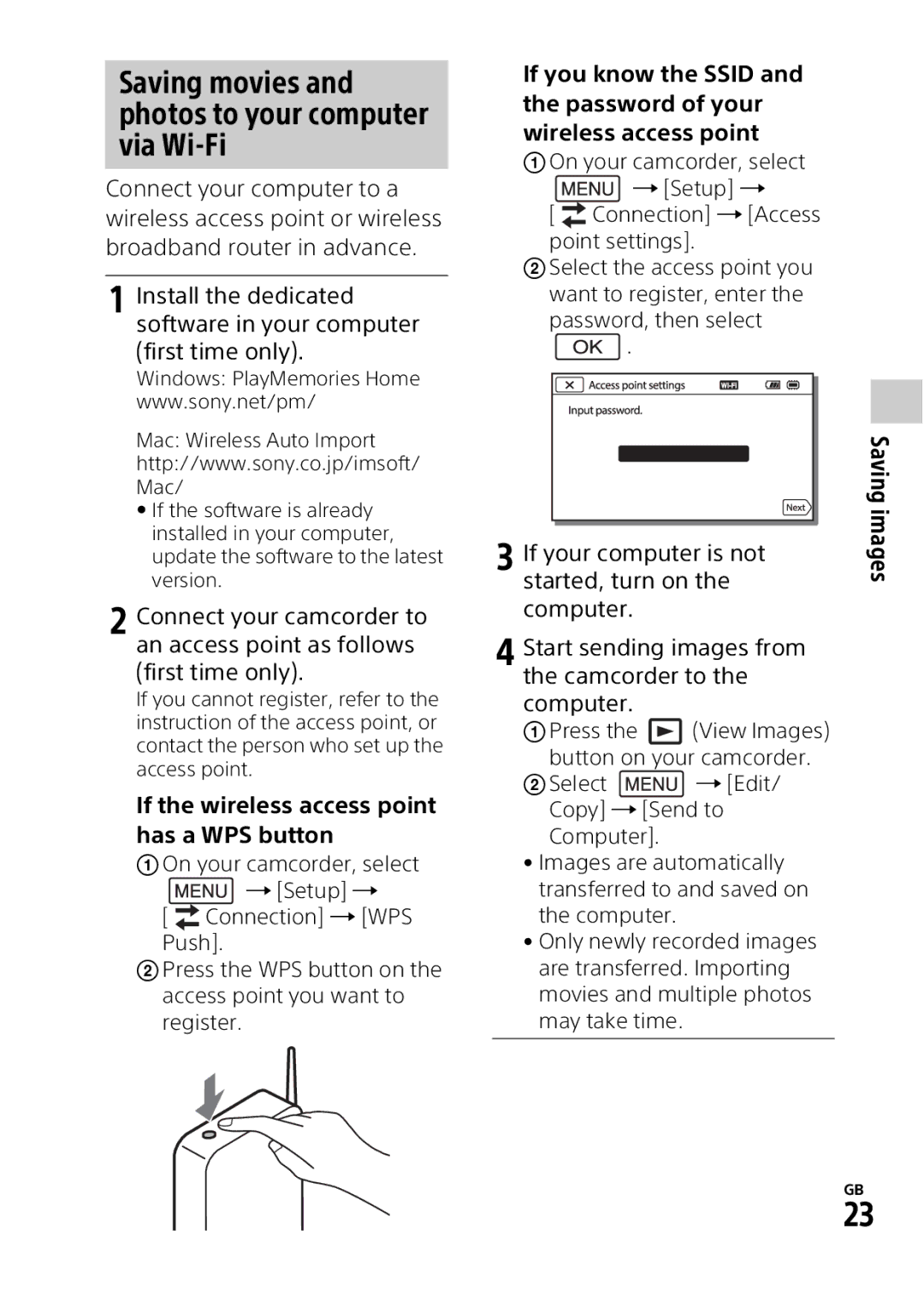 Sony HDRPJ540B manual Saving movies and photos to your computer via Wi-Fi, If the wireless access point has a WPS button 