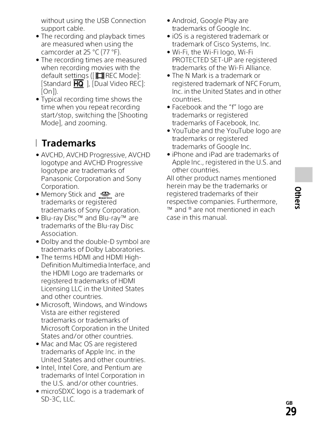 Sony HDRPJ540B manual  Trademarks, MicroSDXC logo is a trademark of SD-3C, LLC 