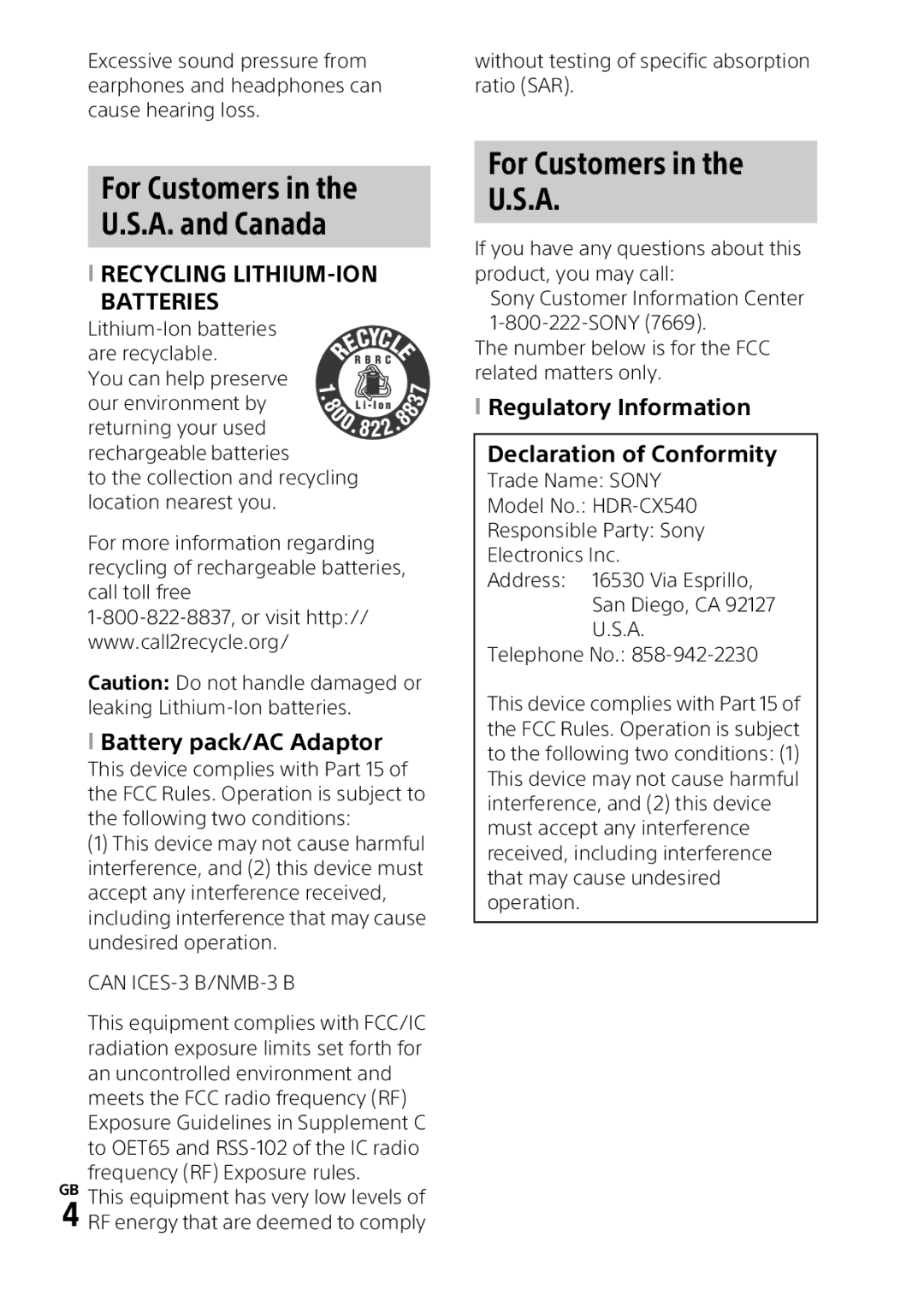 Sony HDRPJ540B manual For Customers A. and Canada, For Customers in the U.S.A,  Battery pack/AC Adaptor 