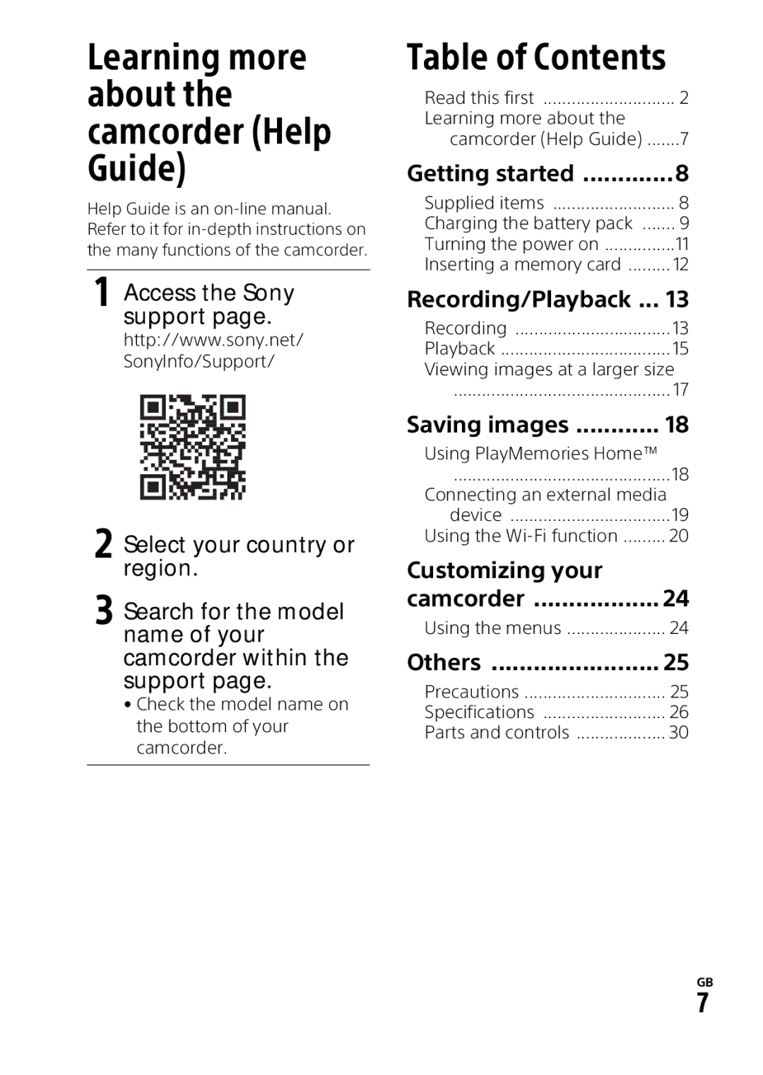 Sony HDRPJ540B manual Learning more about the camcorder Help Guide, Table of Contents 