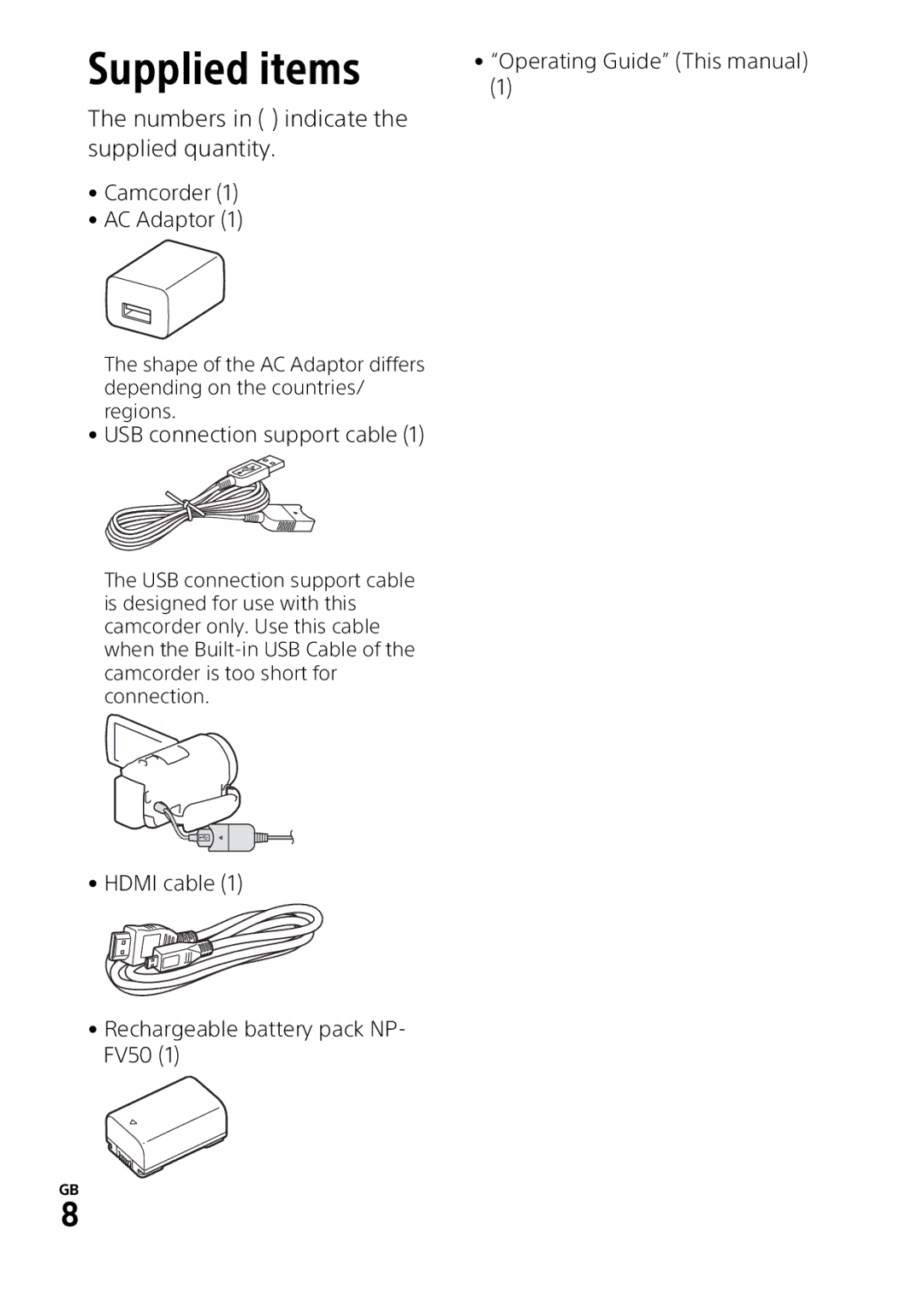 Sony HDRPJ540B manual Supplied items, Numbers in indicate the supplied quantity 