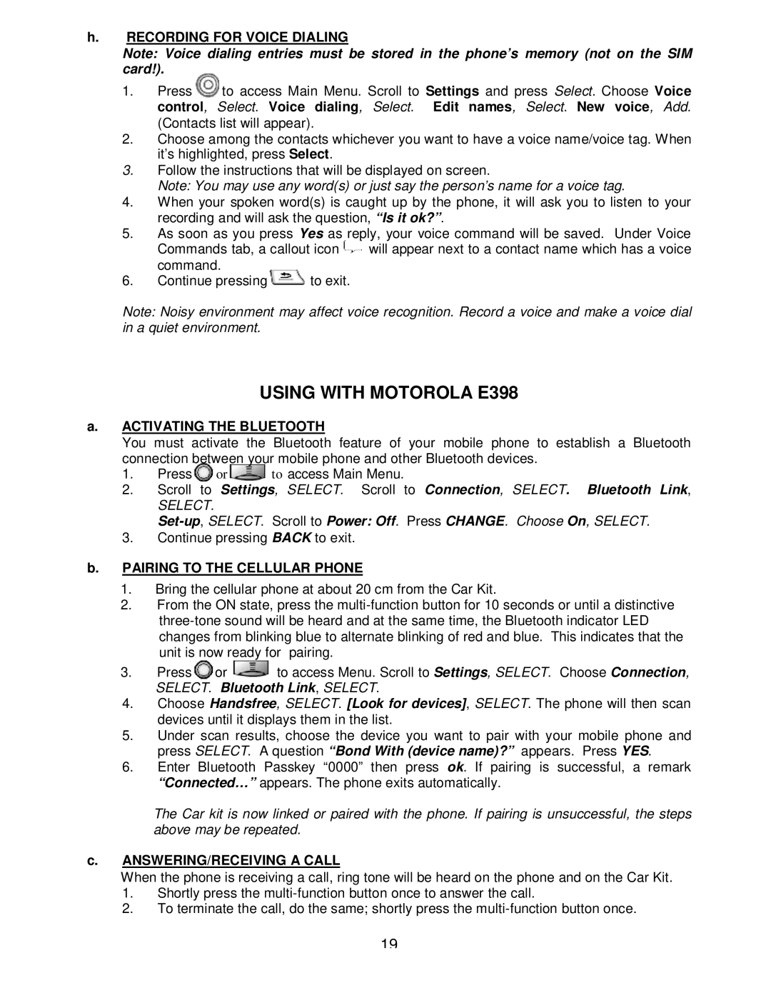 Sony headphone manual Using with Motorola E398, Select 