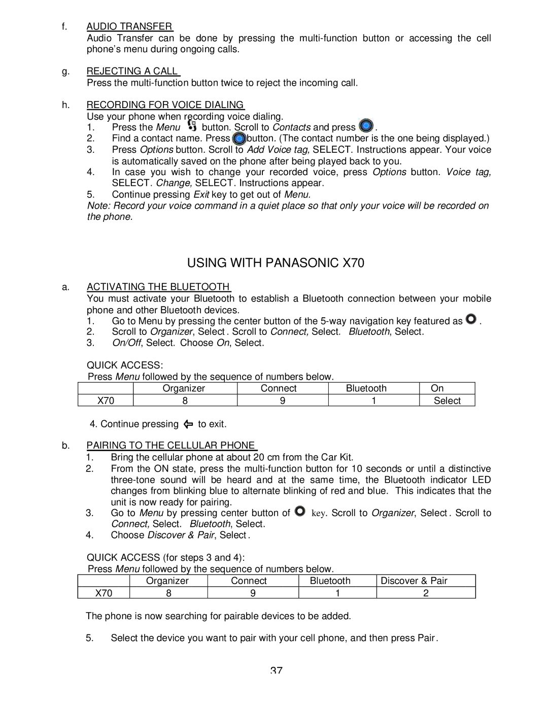 Sony headphone manual Using with Panasonic, On/Off, Select. Choose On, Select, Organizer Connect Bluetooth 