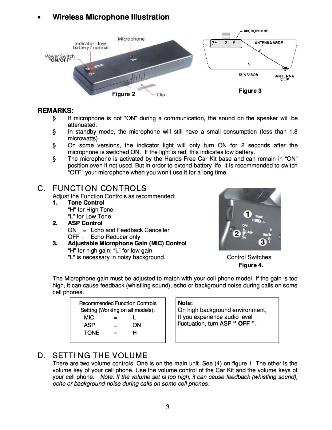 Sony headphone manual ∙Wireless Microphone Illustration, C.Function Controls, D. Setting The Volume, Remarks 