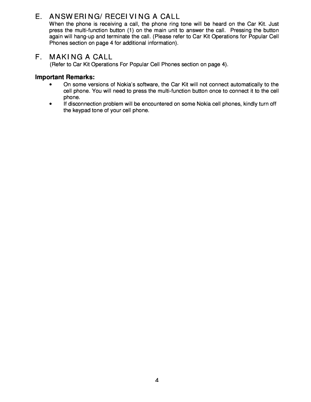 Sony headphone manual E. Answering/Receiving A Call, F. Making A Call, Important Remarks 