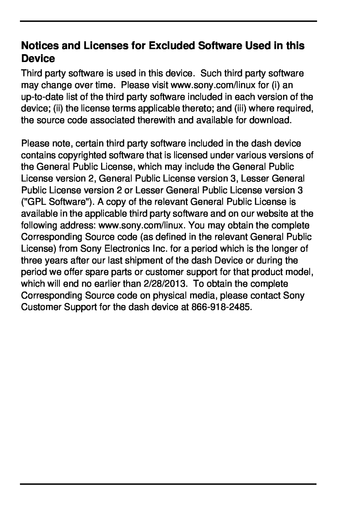 Sony HID-C10 manual Notices and Licenses for Excluded Software Used in this Device 