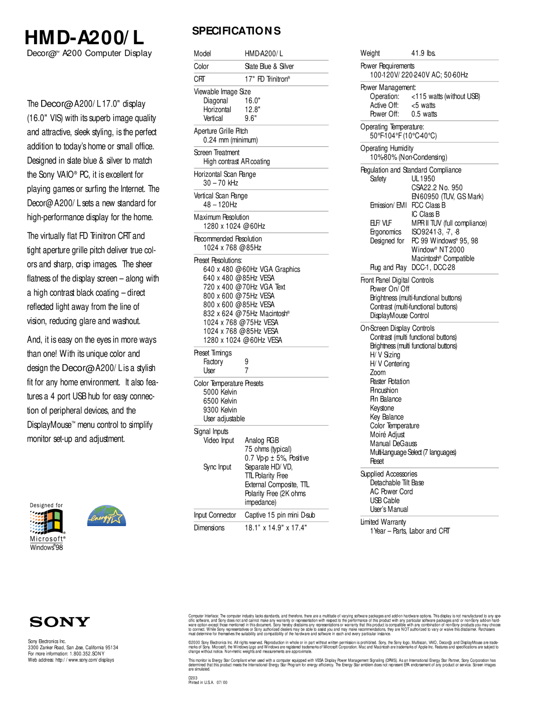 Sony HMD-A200L manual Specifications, Crt, Elf/Vlf 