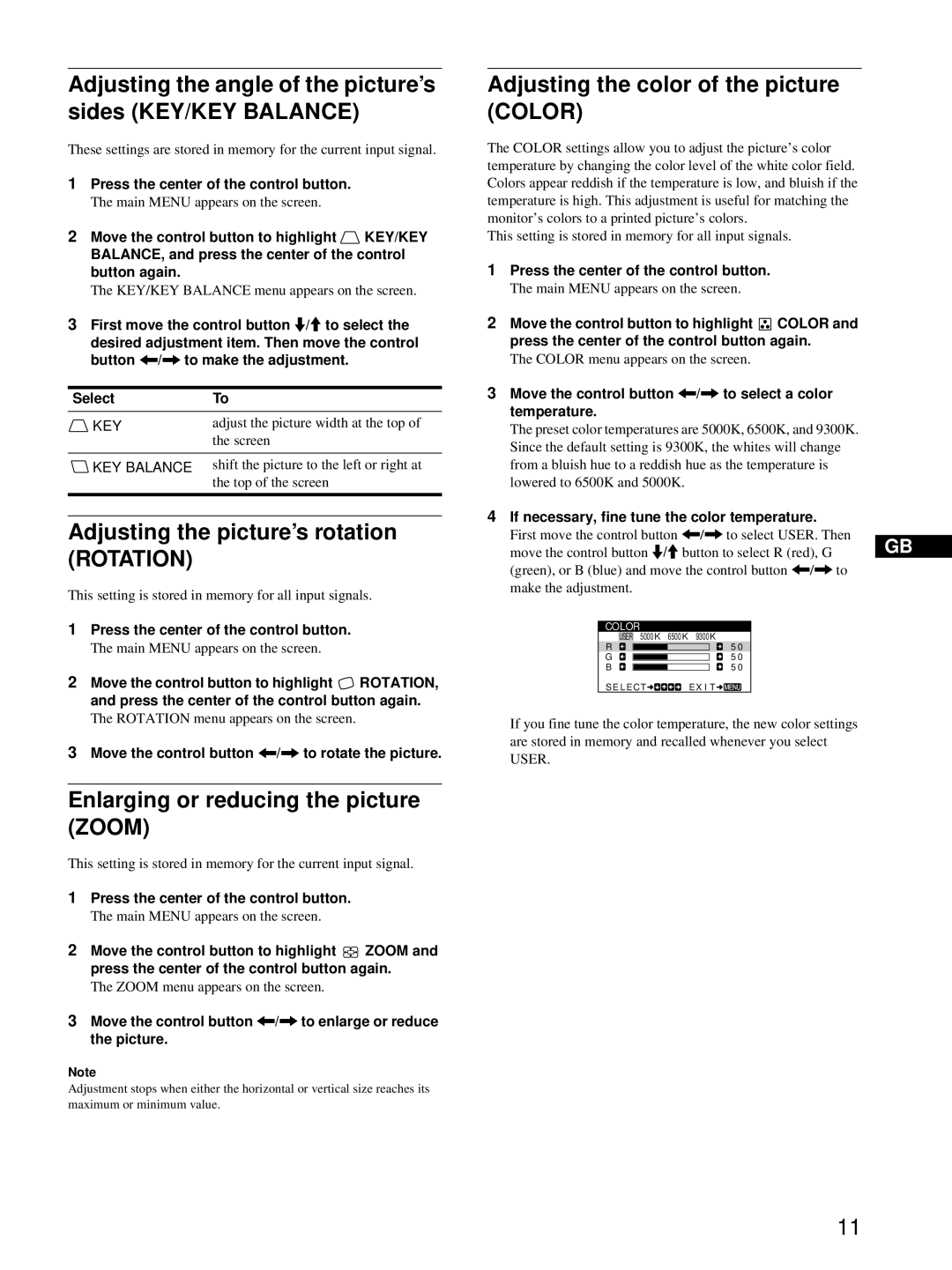 Sony HMD-A220 operating instructions Adjusting the picture’s rotation Rotation, Enlarging or reducing the picture Zoom 