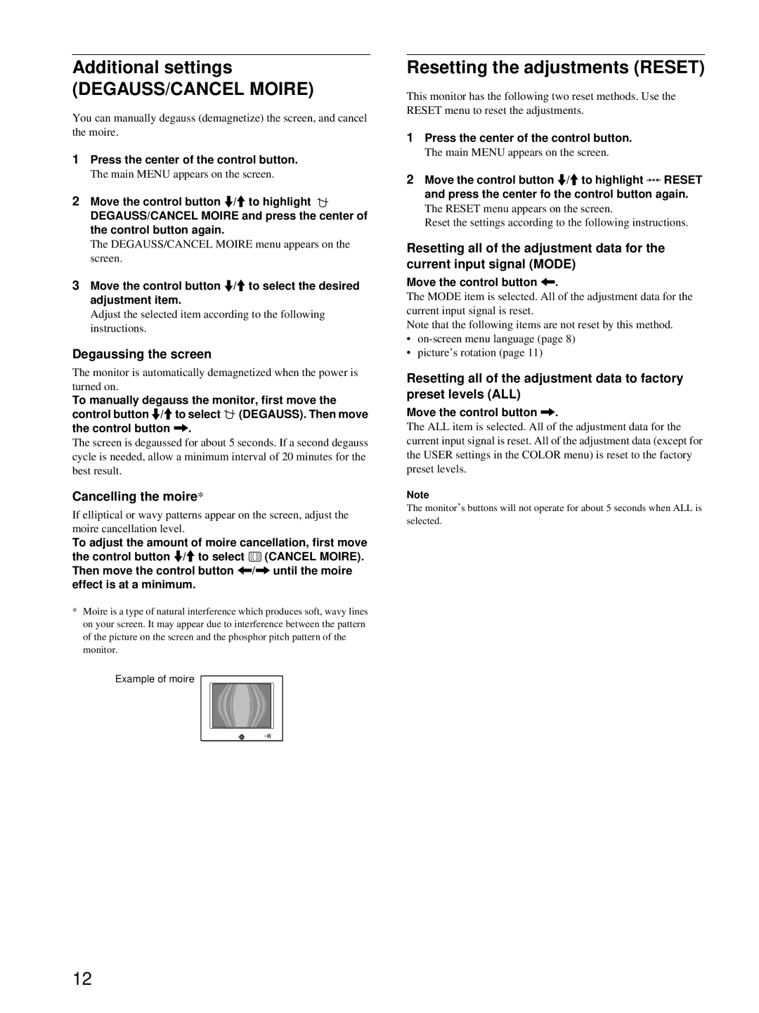 Sony HMD-A220 Additional settings, DEGAUSS/CANCEL Moire, Resetting the adjustments Reset, Degaussing the screen 